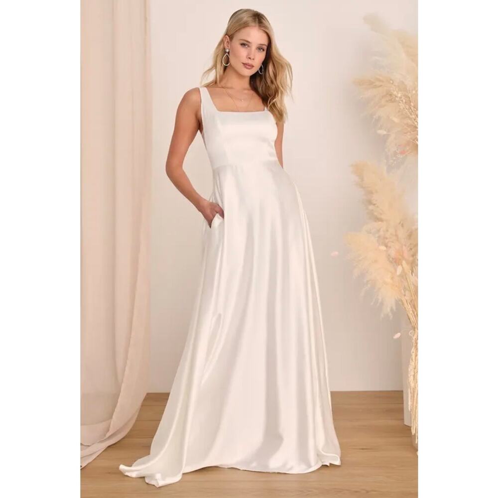 Lulu's Ivory Satin Midi Dress with Square Neck